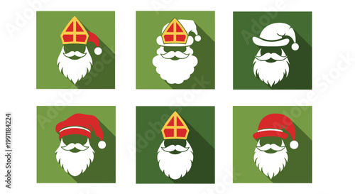 Collection of stylized saint nicholas and santa claus heads with white beards and festive hats isolated on green