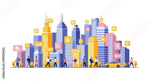 City Skyline with People Walking.