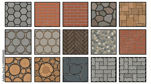 Seamless top view texture patterns featuring brick walls cobblestone wood slices paving vector.