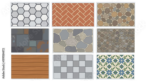 Assorted exterior flooring textures showing herringbone brick flagstone river rock wood planks vector.