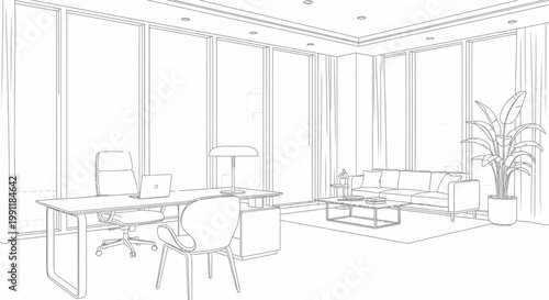 Minimalist Line Art Drawing of a Modern Office Interior with Executive Desk, Lounge Area, and Panoramic Windows