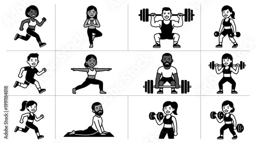 Diverse men and women doing fitness exercises running and yoga in flat black and white vector.
