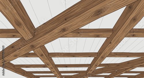 Modern wooden beam ceiling structure with exposed timber joists and white panels, architectural detail, interior design, construction background.