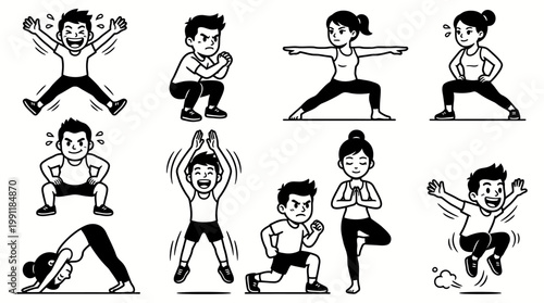 Energetic people doing intense fitness routines jumping and squats in bold outline vector.