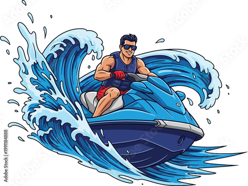Muscular man riding a blue jet ski through powerful ocean waves.