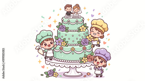 Team of cute bakers in chef uniforms decorating a floral wedding cake together vector.