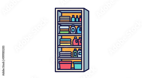 Colorful bookshelf with various objects.