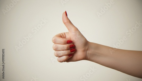 Foto A close-up of a woman's hand with red manicured nails giving a thumbs up gesture against a neutral, off-white background