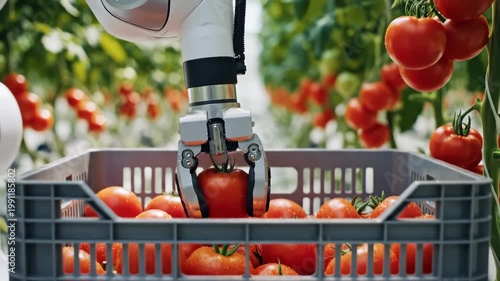 A robotic arm precisely harvesting fresh red tomatoes into a plastic crate in a bright, modern high-tech greenhouse, macro photography style.