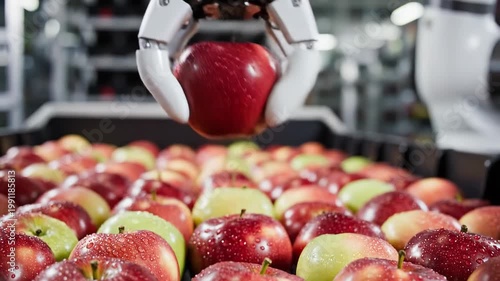 A robotic arm picking a fresh red apple from a crate in a sterile, high-tech industrial food processing facility with a clean, modern aesthetic.