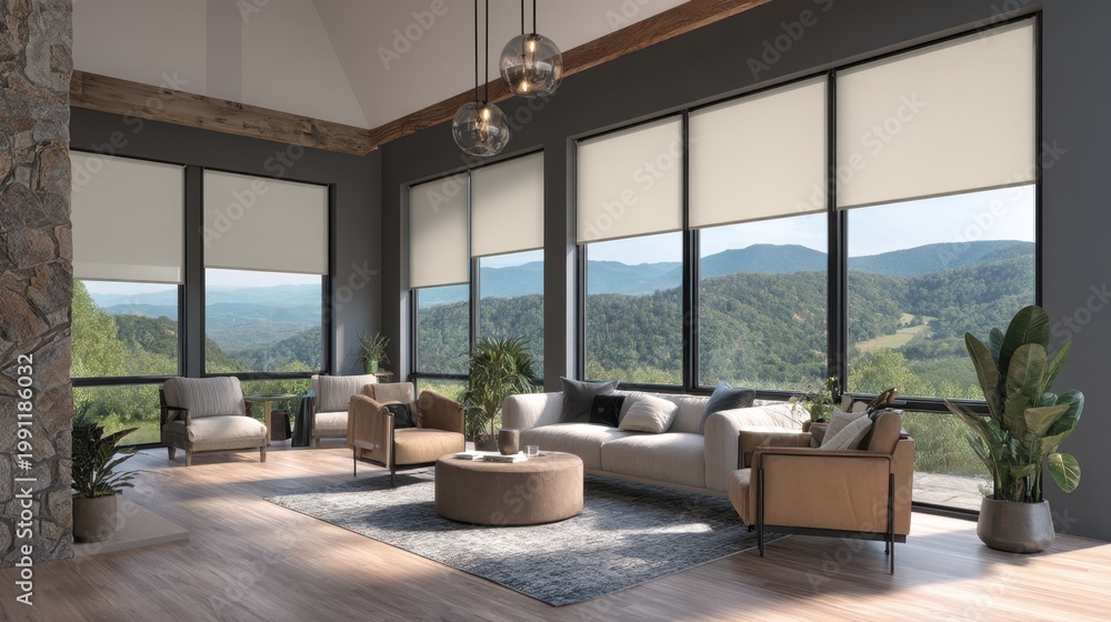 Fototapeta premium Modern Living Room with Scenic Mountain View Featuring Large Windows, Cozy Furniture, Indoor Plants, and Natural Light in a Contemporary Design