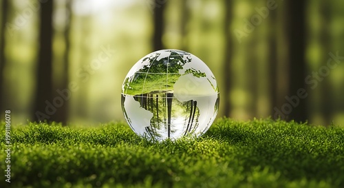Glass world globe on green moss in a sunlit forest