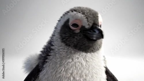 A close-up portrait of a fluffy african penguin chick blinking against a soft, bright, and minimalist white studio background.