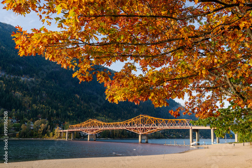 Big Orange Bridge Autumn Afternoon Nelson Canada. The famous Big Orange Bridge crossing Kootenay Lake in Nelson BC, Canada.
