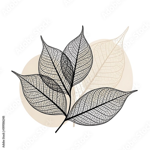 Minimalist black skeleton leaves illustration on beige background