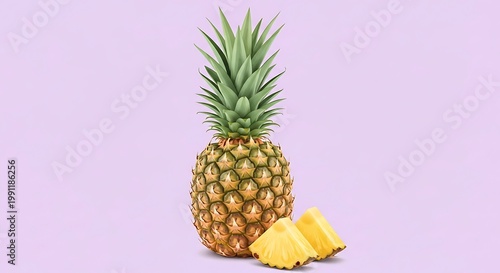 Whole ripe pineapple with fruit slices on a purple background