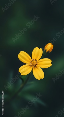 Vibrant Yellow Wildflower on Moody Dark Green Background