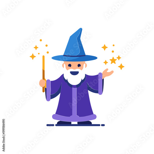 Cartoon wizard casting magic spell with wand and sparkles on white background