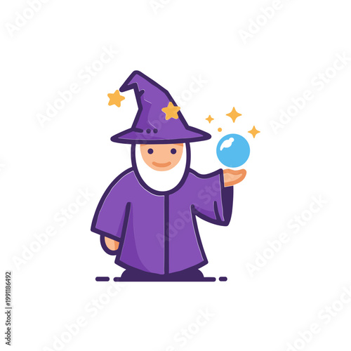 Cartoon Wizard Holding Crystal Ball with Stars