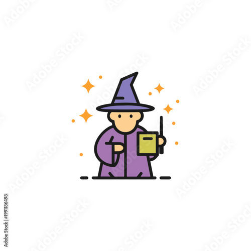 Cartoon Wizard Character Holding Spell Book and Wand, Sparkles