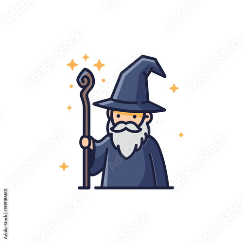 Cartoon Wizard with Staff and Magic Sparkles