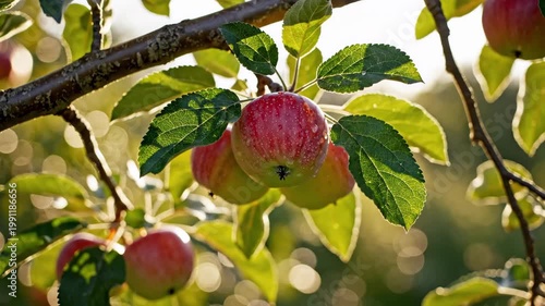 Ripe red apples hanging from a tree branch in a sunny orchard, captured with soft bokeh and warm golden hour light.