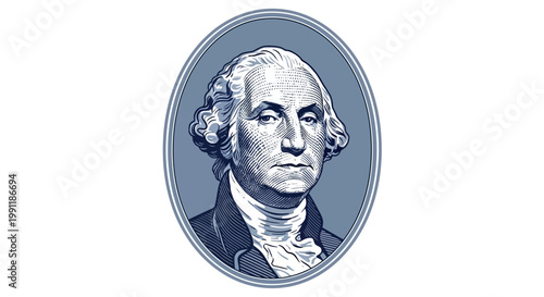 Dignified monochrome illustration of a revered historical figure, symbolizing early national leadership and its enduring connection to financial heritage