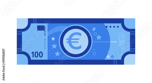 Stylized Blue 100 Euro Banknote Illustration - Modern Flat Design for Financial Concepts and European Currency Payments, Cash Transactions, and Economic Growth