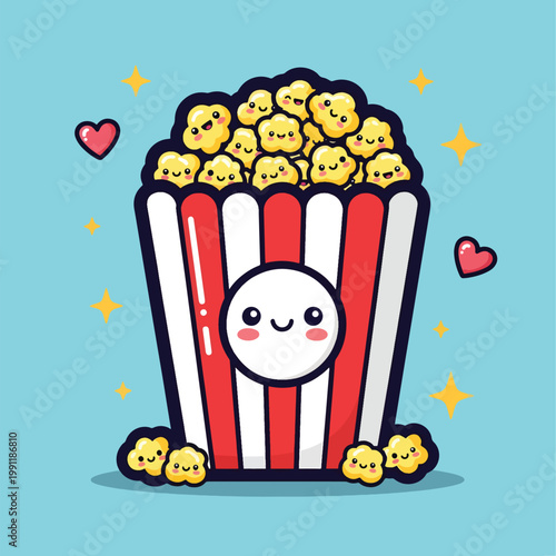 Cute Cartoon Popcorn Bucket with Happy Faces and Hearts.