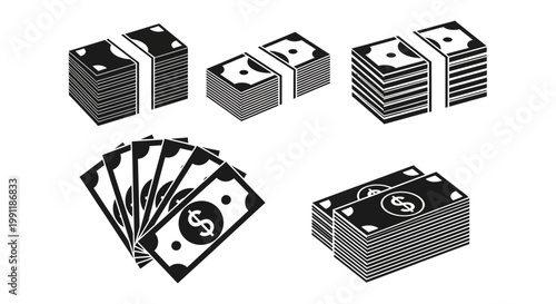 Stylized money icons showing stacks, bundles, and fanned cash. Finance and wealth illustrations for various economic concepts