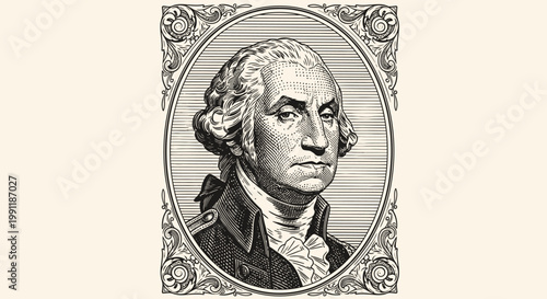 Classic engraved portrait of George Washington, a revered figure in American history, symbolizing national heritage and financial stability as seen on United States currency
