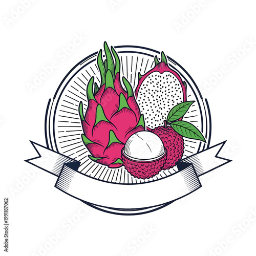 Exotic Tropical Fruit Emblem Featuring Pitaya and Lychee Illustration.