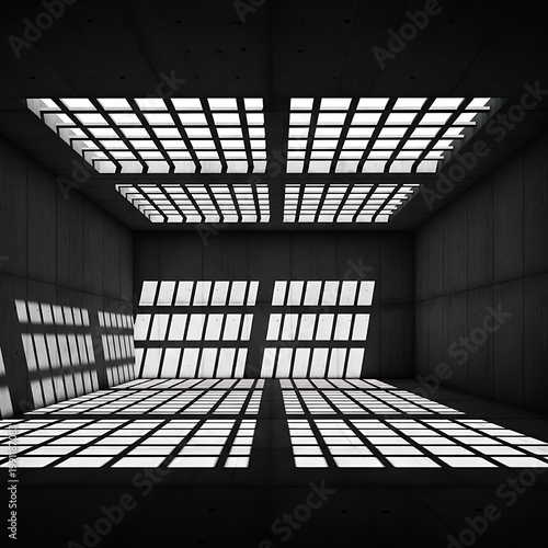 Modern Concrete Interior with Dramatic Grid Skylight Shadows