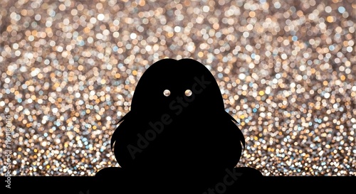 Cute Monster Silhouette with Glowing Eyes on Golden Glitter Background