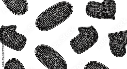 Hand Drawn Wicker Basket and Woven Tray Pattern on White Background