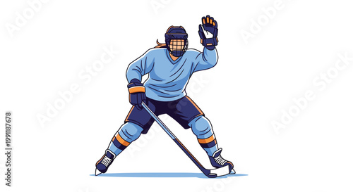 Professional ice hockey player in a blue and yellow uniform moves across the rink with a hockey stick in a dynamic and active sports illustration.