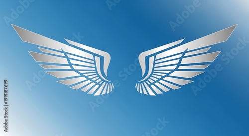 Stylized Silver Metallic Wings Graphic on Blue Gradient Sky