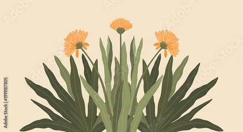 Minimalist Illustration of Three Orange Flowers with Green Leaves