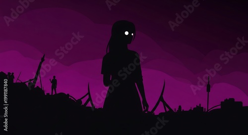 Mysterious Girl Silhouette with Glowing Eyes in Dystopian World