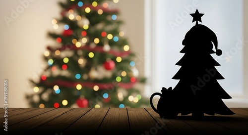 Christmas Tree Silhouette on Wooden Table with Bokeh Lights