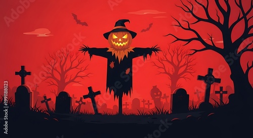 Halloween Scarecrow with Pumpkin Head in Spooky Graveyard