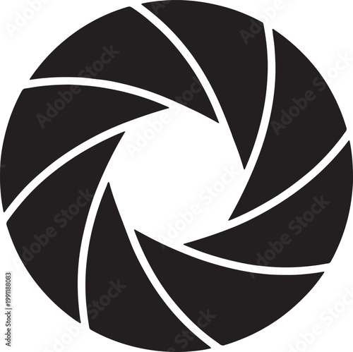 Black and white abstract circular symbol with sharp petal shapes diaphragm iris
