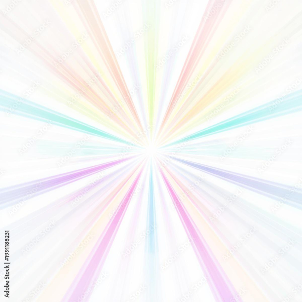Obraz premium colorful rainbow rays bursting from center, radial light streaks, white background, vibrant spectrum colors, clean composition, high resolution, no text