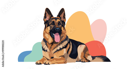 Majestic German shepherd dog lies down calmly on a white surface with colorful abstract blob shapes in the background in this pet illustration.