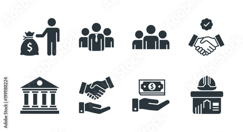 Collection of business and finance icons illustrating teamwork, banking, and partnership.