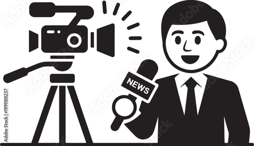 Black and white of a male reporter holding a microphone with the word N E W S and a on a tripod