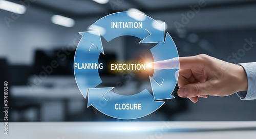 Project lifecycle management. A project manager's hand touches a phase of a holographic project lifecycle (initiation, planning, execution, closure), causing the current phase to glow.