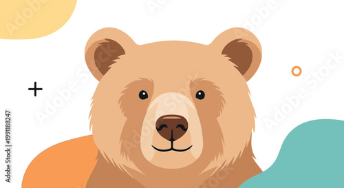 Close up portrait of a brown bear with a gentle expression and soft fur set against a background of colorful abstract shapes and symbols.