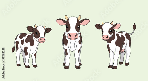 Three adorable spotted calves stand together in a row against a soft green background in a charming cartoon illustration.