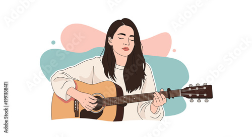 Young woman with long dark hair sits peacefully with her eyes closed playing an acoustic guitar against abstract shapes.